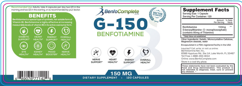 Benfotiamine 150mg 120 Gelatin Capsules Per Bottle - Select Discount Option (New labels coming soon) - BenfoComplete