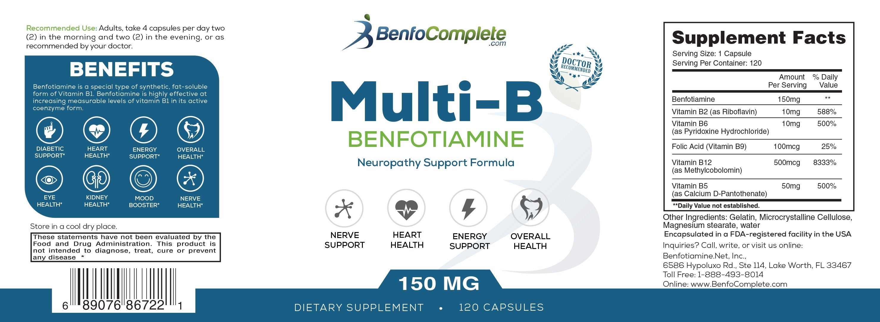 **Temporary BACKORDER** Multi-B Neuropathy Support Formula 150mg 120 Gelatin Capsules per Bottle - Select Discount Option - BenfoComplete